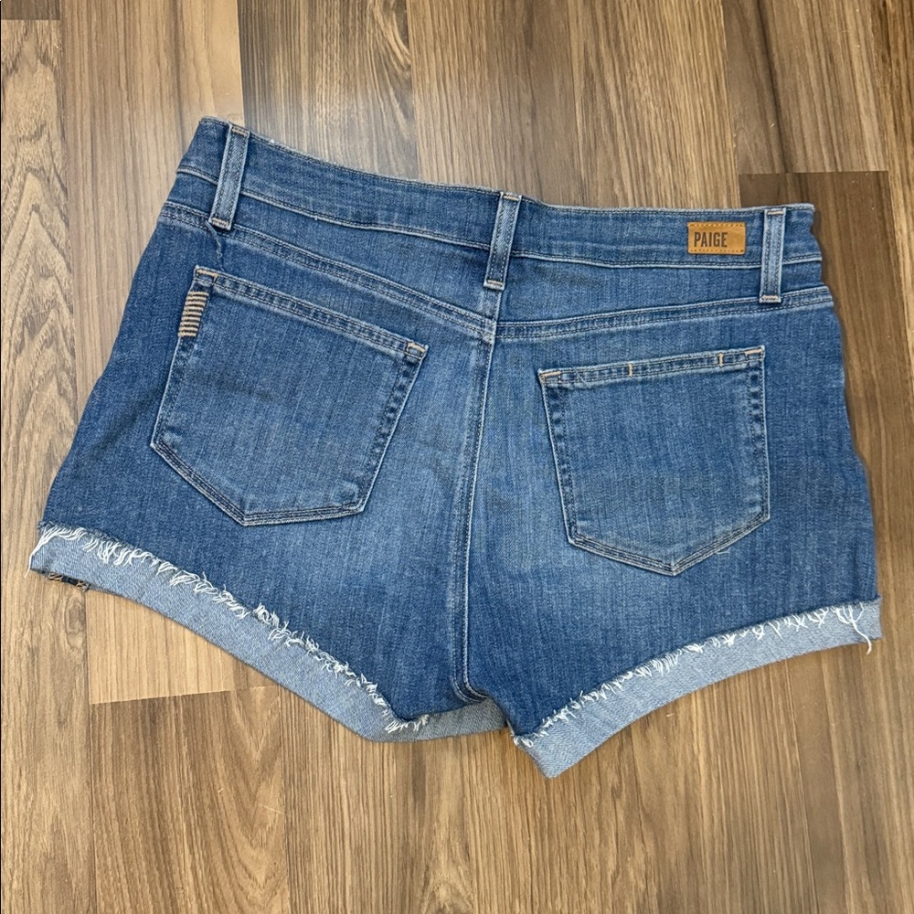 PAIGE Jimmy Jimmy Stretch Blue Denim Raw Hem Roll Cuff Pockets Zip Fly Shorts 29